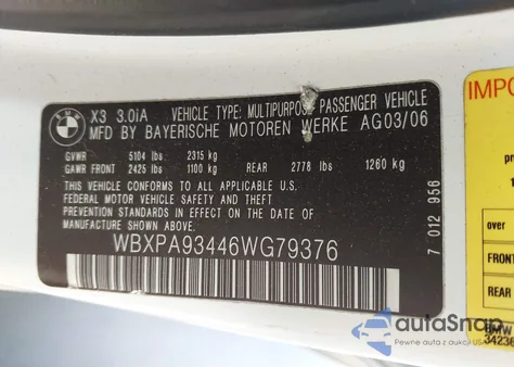 2006 BMW X3 3.0I z USA, uszkodzony, nr VIN WBXPA93446WG79376